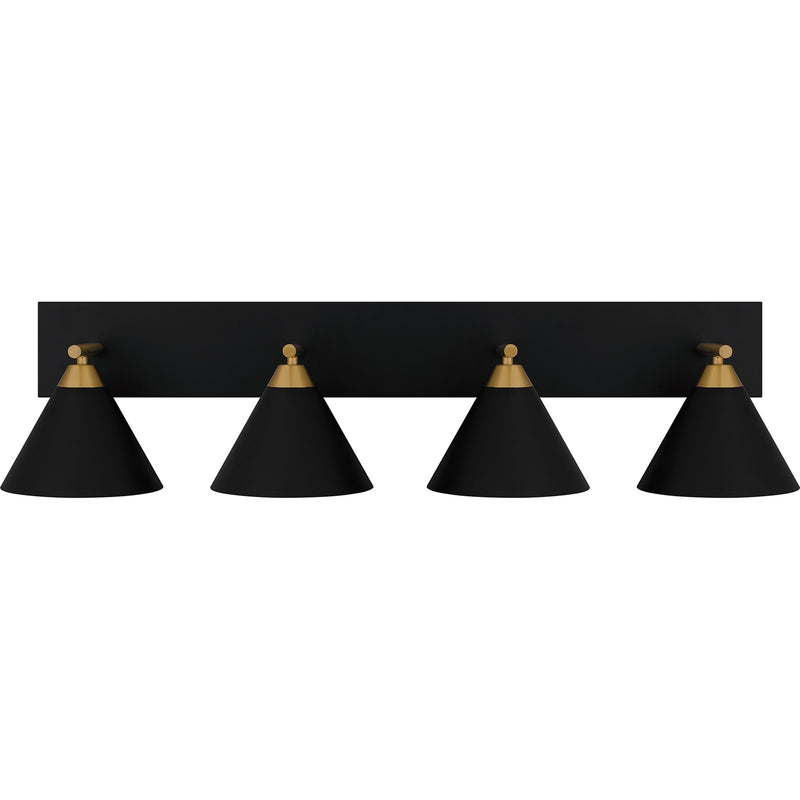 Quoizel Mastro 37in 4-Light Vanity Light | Modern Matte Black and Gold Steel | Bathroom Vanity | 37.5 x 9.5 x 8.75 in | Model MTO8637MBK