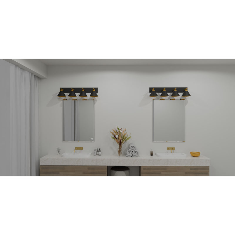 Quoizel Mastro 37in 4-Light Vanity Light | Modern Matte Black and Gold Steel | Bathroom Vanity | 37.5 x 9.5 x 8.75 in | Model MTO8637MBK
