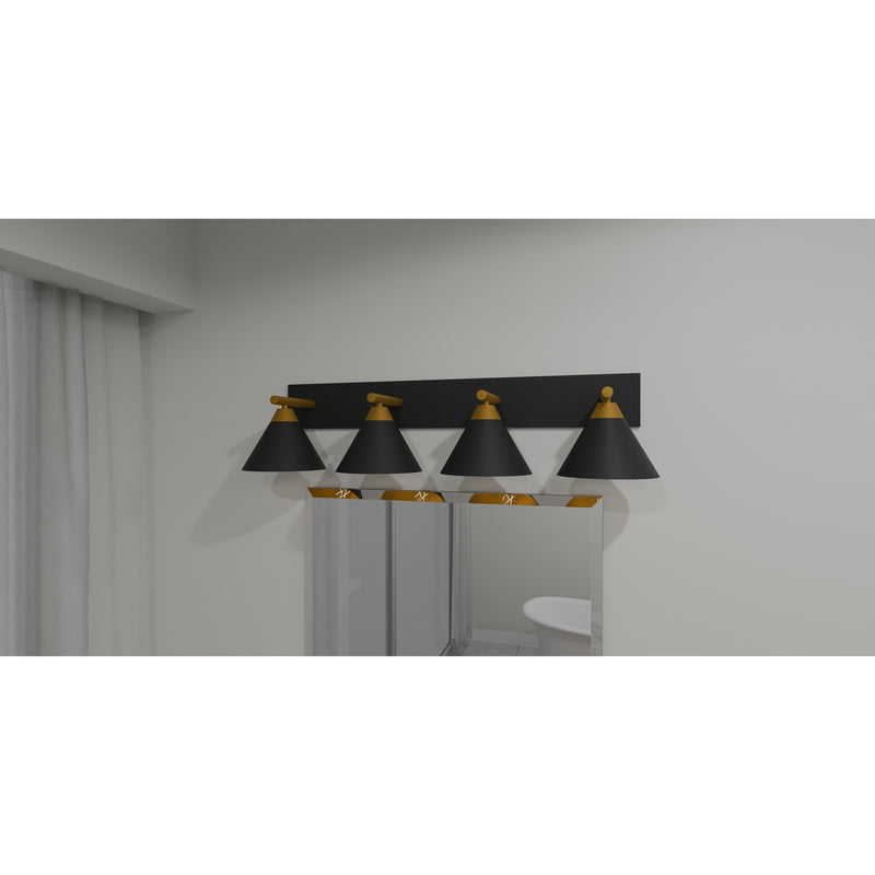 Quoizel Mastro 37in 4-Light Vanity Light | Modern Matte Black and Gold Steel | Bathroom Vanity | 37.5 x 9.5 x 8.75 in | Model MTO8637MBK