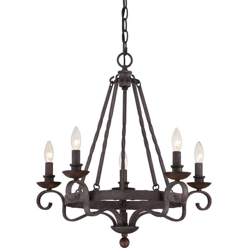 Quoizel Noble 24in 5-Light Chandelier | Traditional Rustic Black Hammered Steel and Walnut Wood | Dining Room & Foyer | Model NBE5005RK
