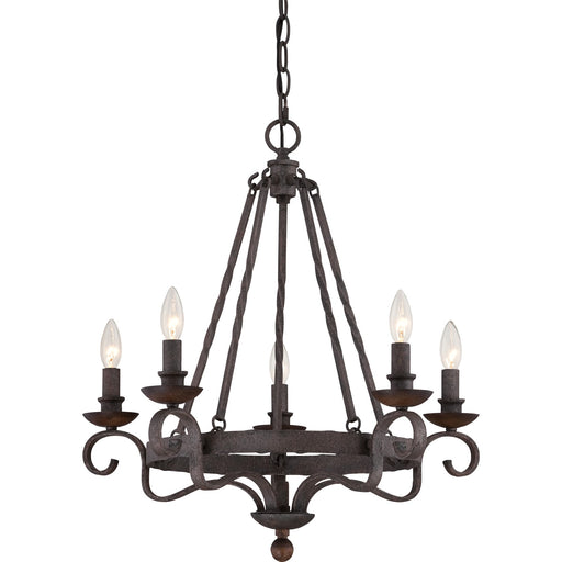 Quoizel Noble 24in 5-Light Chandelier | Traditional Rustic Black Hammered Steel and Walnut Wood | Dining Room & Foyer | Model NBE5005RK