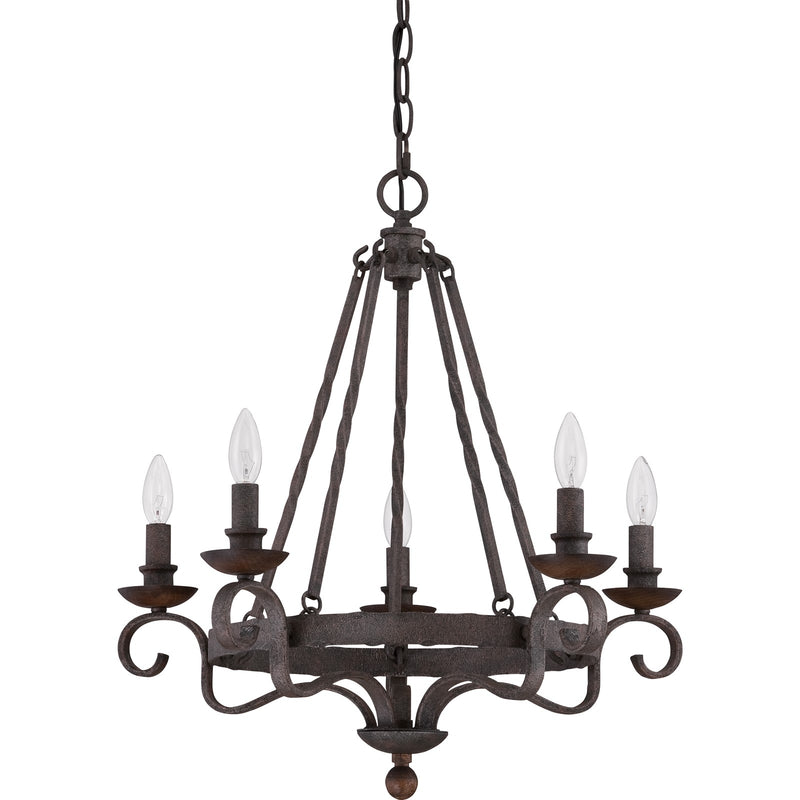 Quoizel Noble 24in 5-Light Chandelier | Traditional Rustic Black Hammered Steel and Walnut Wood | Dining Room & Foyer | Model NBE5005RK