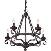 Quoizel Noble 24in 5-Light Chandelier | Traditional Rustic Black Hammered Steel and Walnut Wood | Dining Room & Foyer | Model NBE5005RK