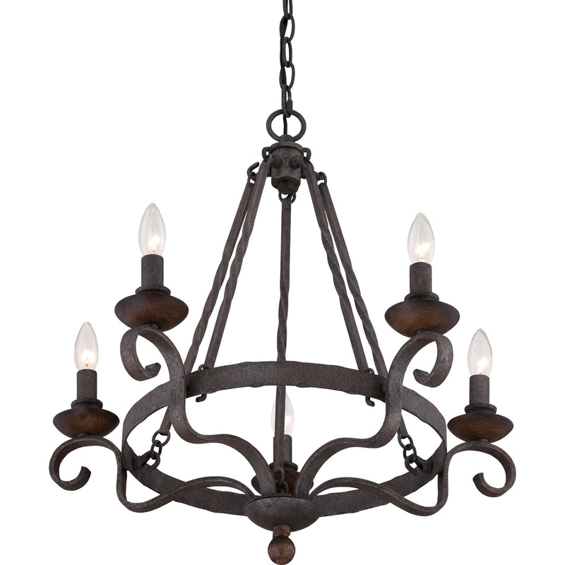 Quoizel Noble 24in 5-Light Chandelier | Traditional Rustic Black Hammered Steel and Walnut Wood | Dining Room & Foyer | Model NBE5005RK