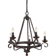 Quoizel Noble 24in 5-Light Chandelier | Traditional Rustic Black Hammered Steel and Walnut Wood | Dining Room & Foyer | Model NBE5005RK
