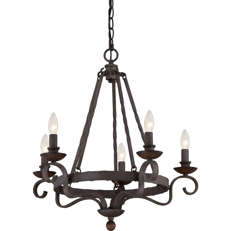 Quoizel Noble 24in 5-Light Chandelier | Traditional Rustic Black Hammered Steel and Walnut Wood | Dining Room & Foyer | Model NBE5005RK