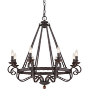 Quoizel Noble 32in 8-Light Chandelier | Traditional Rustic Black Hammered Steel and Walnut Wood | Dining Room & Foyer | Model NBE5008RK