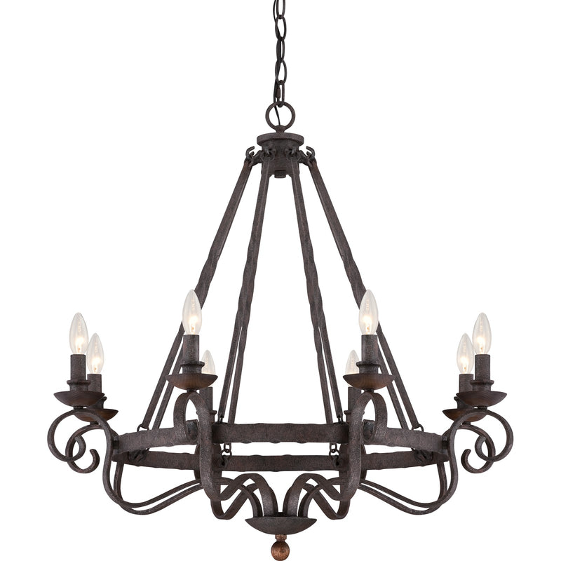 Quoizel Noble 32in 8-Light Chandelier | Traditional Rustic Black Hammered Steel and Walnut Wood | Dining Room & Foyer | Model NBE5008RK