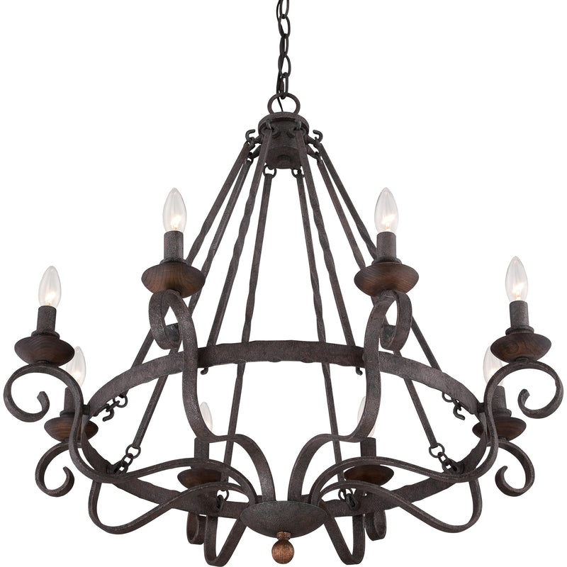Quoizel Noble 32in 8-Light Chandelier | Traditional Rustic Black Hammered Steel and Walnut Wood | Dining Room & Foyer | Model NBE5008RK