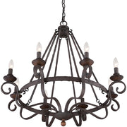 Quoizel Noble 32in 8-Light Chandelier | Traditional Rustic Black Hammered Steel and Walnut Wood | Dining Room & Foyer | Model NBE5008RK