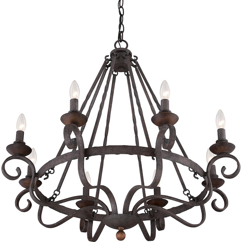 Quoizel Noble 32in 8-Light Chandelier | Traditional Rustic Black Hammered Steel and Walnut Wood | Dining Room & Foyer | Model NBE5008RK