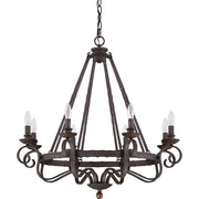 Quoizel Noble 32in 8-Light Chandelier | Traditional Rustic Black Hammered Steel and Walnut Wood | Dining Room & Foyer | Model NBE5008RK