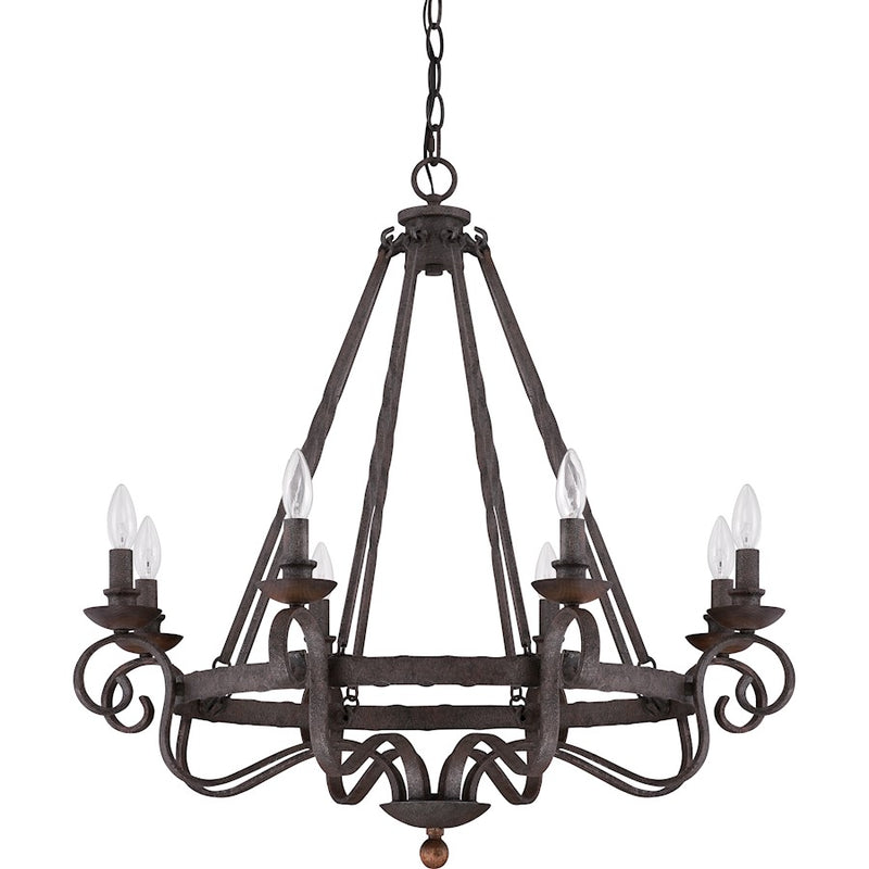 Quoizel Noble 32in 8-Light Chandelier | Traditional Rustic Black Hammered Steel and Walnut Wood | Dining Room & Foyer | Model NBE5008RK