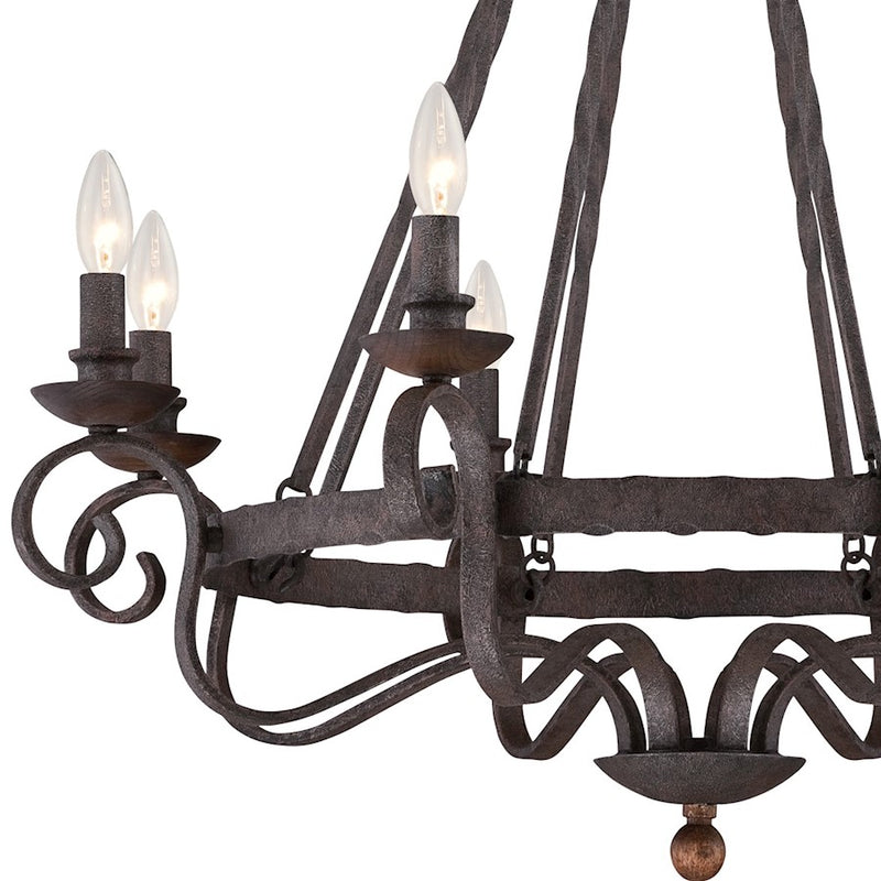 Quoizel Noble 32in 8-Light Chandelier | Traditional Rustic Black Hammered Steel and Walnut Wood | Dining Room & Foyer | Model NBE5008RK
