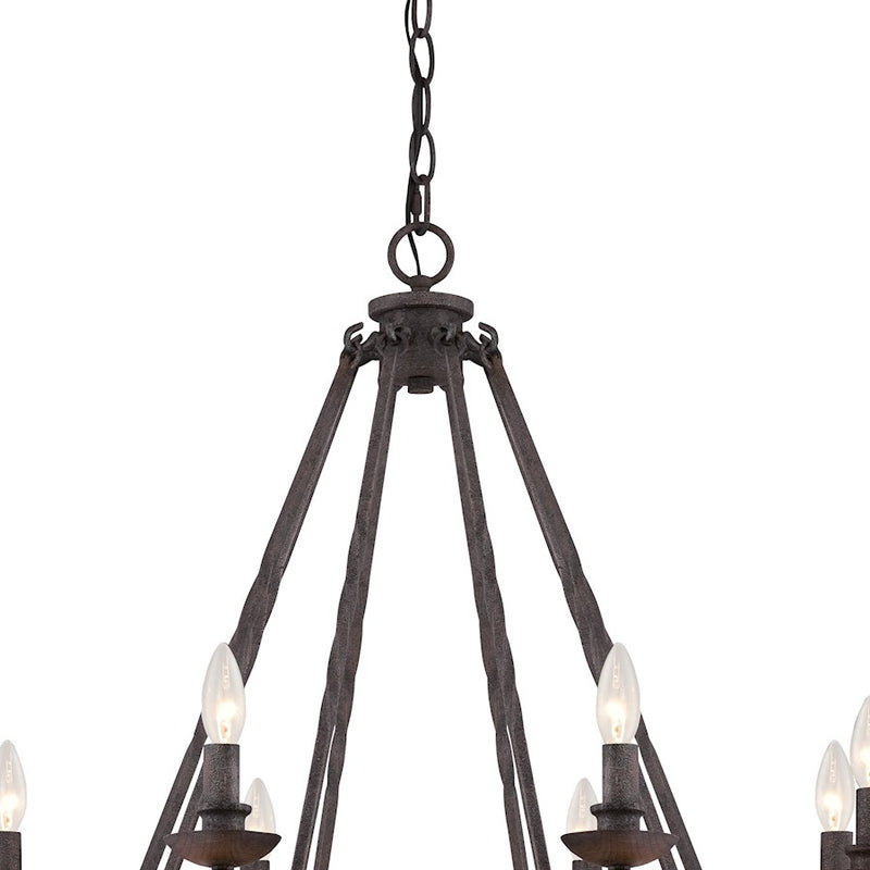 Quoizel Noble 32in 8-Light Chandelier | Traditional Rustic Black Hammered Steel and Walnut Wood | Dining Room & Foyer | Model NBE5008RK