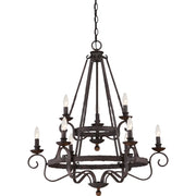 Quoizel Noble 32in 9-Light Chandelier | Traditional Rustic Black Steel and Walnut Wood | Dining Room & Foyer | 32 x 32 x 36 in | Model NBE5009RK