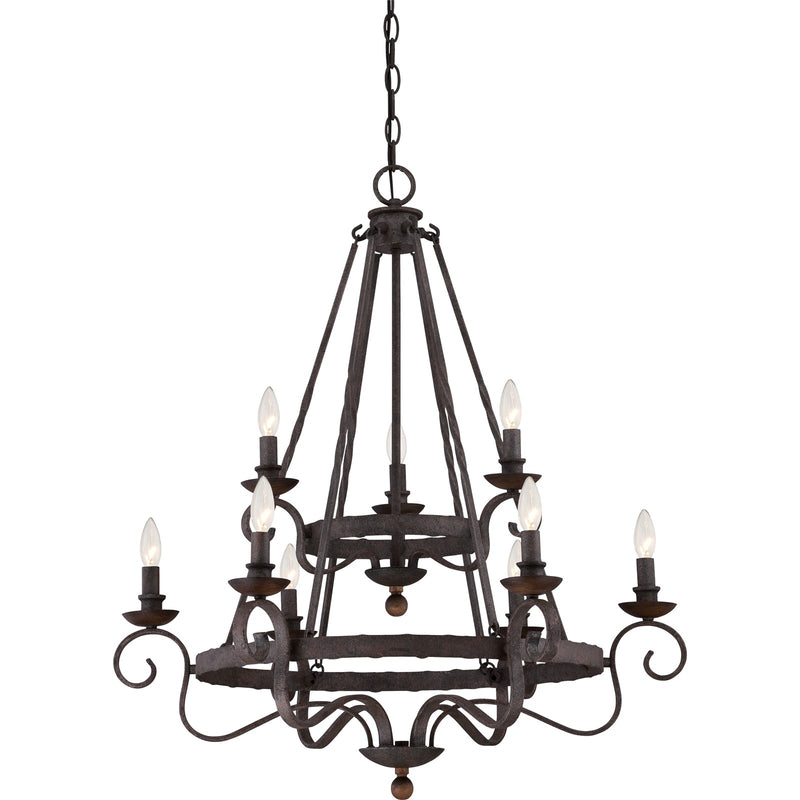 Quoizel Noble 32in 9-Light Chandelier | Traditional Rustic Black Steel and Walnut Wood | Dining Room & Foyer | 32 x 32 x 36 in | Model NBE5009RK