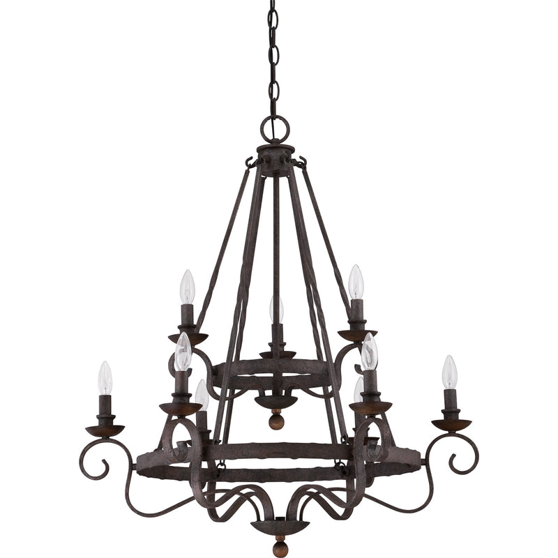 Quoizel Noble 32in 9-Light Chandelier | Traditional Rustic Black Steel and Walnut Wood | Dining Room & Foyer | 32 x 32 x 36 in | Model NBE5009RK