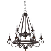 Quoizel Noble 32in 9-Light Chandelier | Traditional Rustic Black Steel and Walnut Wood | Dining Room & Foyer | 32 x 32 x 36 in | Model NBE5009RK