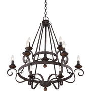 Quoizel Noble 32in 9-Light Chandelier | Traditional Rustic Black Steel and Walnut Wood | Dining Room & Foyer | 32 x 32 x 36 in | Model NBE5009RK