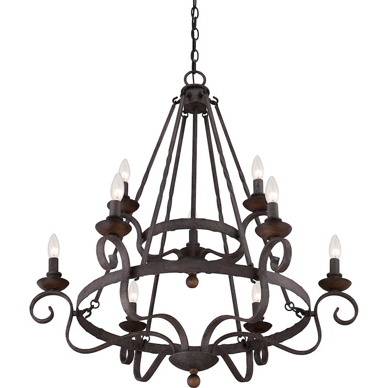 Quoizel Noble 32in 9-Light Chandelier | Traditional Rustic Black Steel and Walnut Wood | Dining Room & Foyer | 32 x 32 x 36 in | Model NBE5009RK