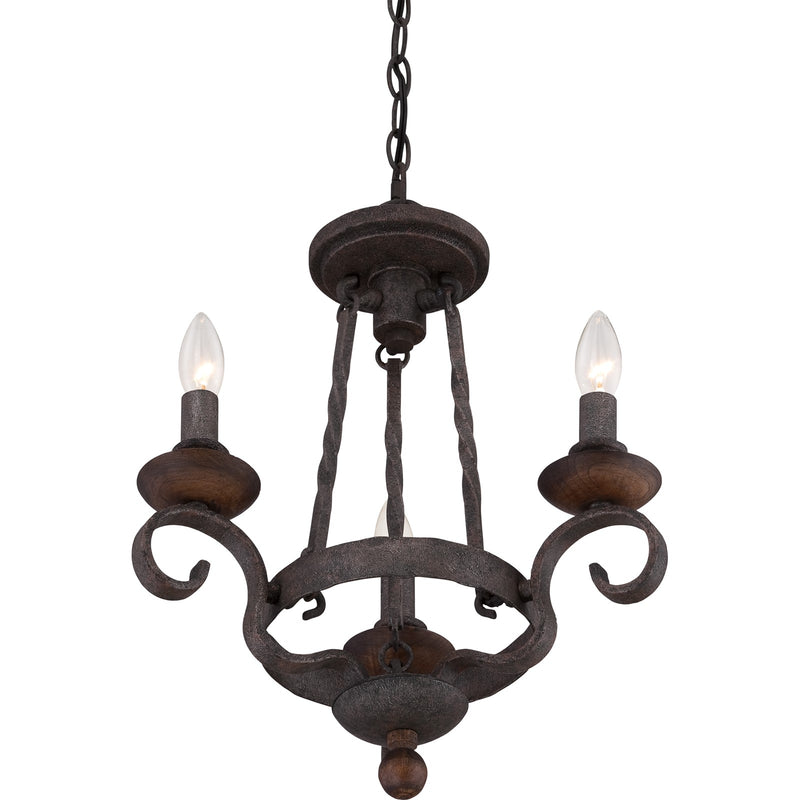 Quoizel Noble 15in 3-Light Chandelier | Traditional Rustic Black Steel and Walnut Wood | Dining Nook & Foyer | 15.5 x 15.5 x 18.5 in | Model NBE5303RK