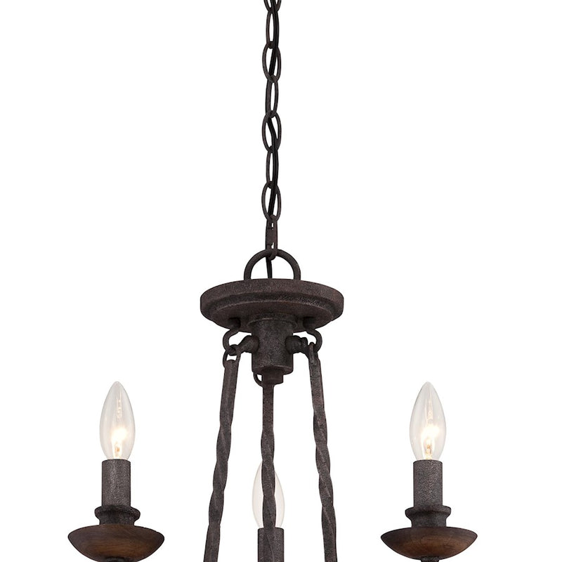 Quoizel Noble 15in 3-Light Chandelier | Traditional Rustic Black Steel and Walnut Wood | Dining Nook & Foyer | 15.5 x 15.5 x 18.5 in | Model NBE5303RK