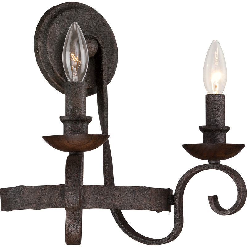 Quoizel Noble 2-Light Wall Sconce | Traditional Rustic Black Steel and Walnut Wood | Bedroom & Hallway Accent Light | Model NBE8702RK