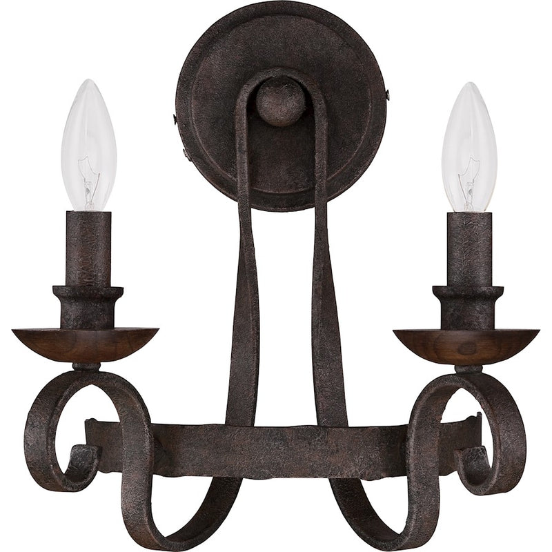 Quoizel Noble 2-Light Wall Sconce | Traditional Rustic Black Steel and Walnut Wood | Bedroom & Hallway Accent Light | Model NBE8702RK