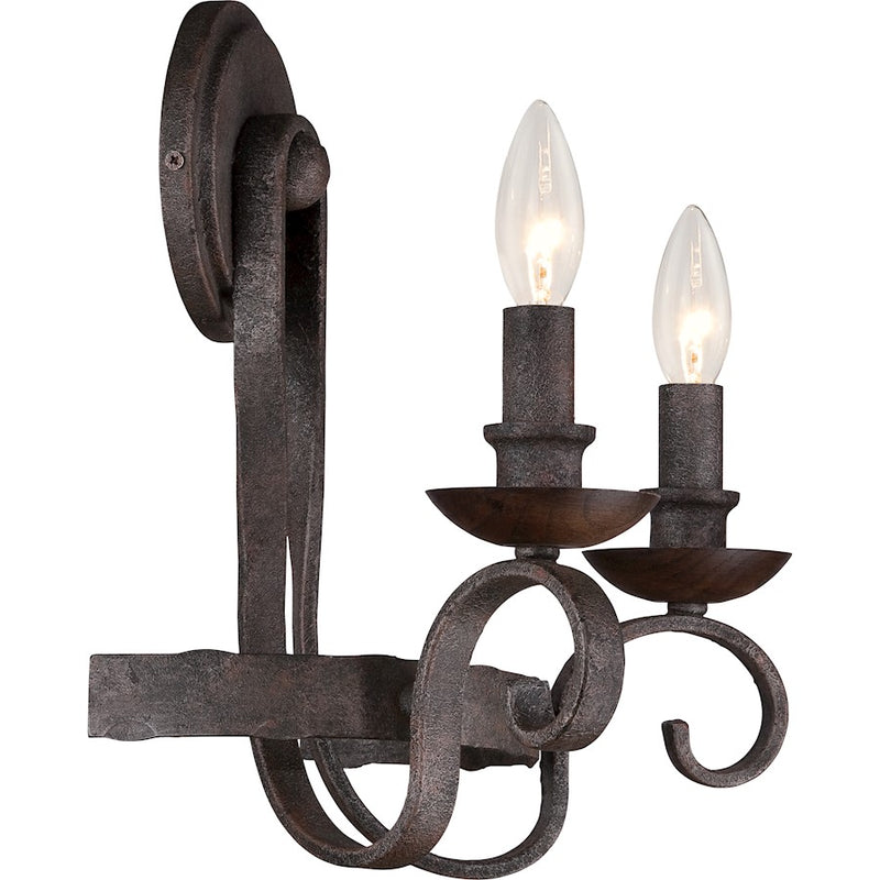 Quoizel Noble 2-Light Wall Sconce | Traditional Rustic Black Steel and Walnut Wood | Bedroom & Hallway Accent Light | Model NBE8702RK