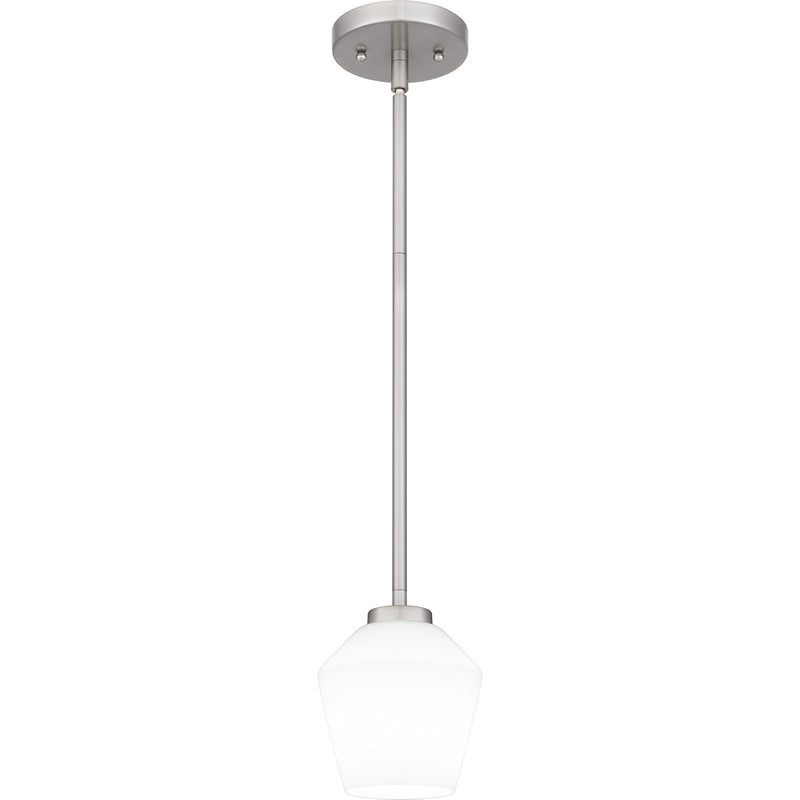 Quoizel Nielson 5in 1-Light Mini Pendant | Transitional Brushed Nickel and Opal Etched Glass | Kitchen Island & Dining Room | Model NIE1505BN