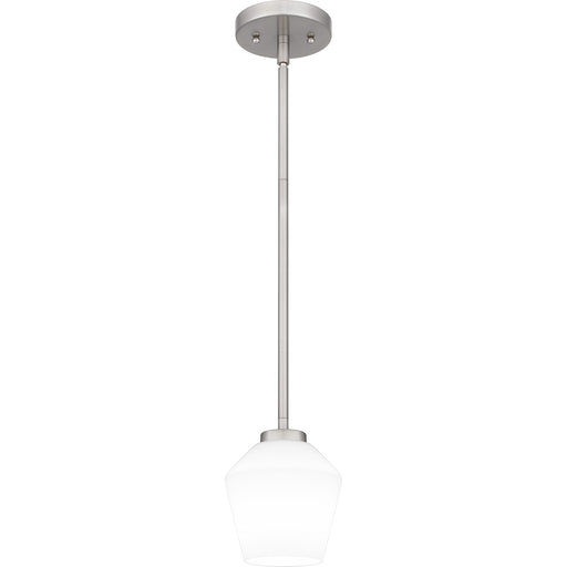 Quoizel Nielson 5in 1-Light Mini Pendant | Transitional Brushed Nickel and Opal Etched Glass | Kitchen Island & Dining Room | Model NIE1505BN