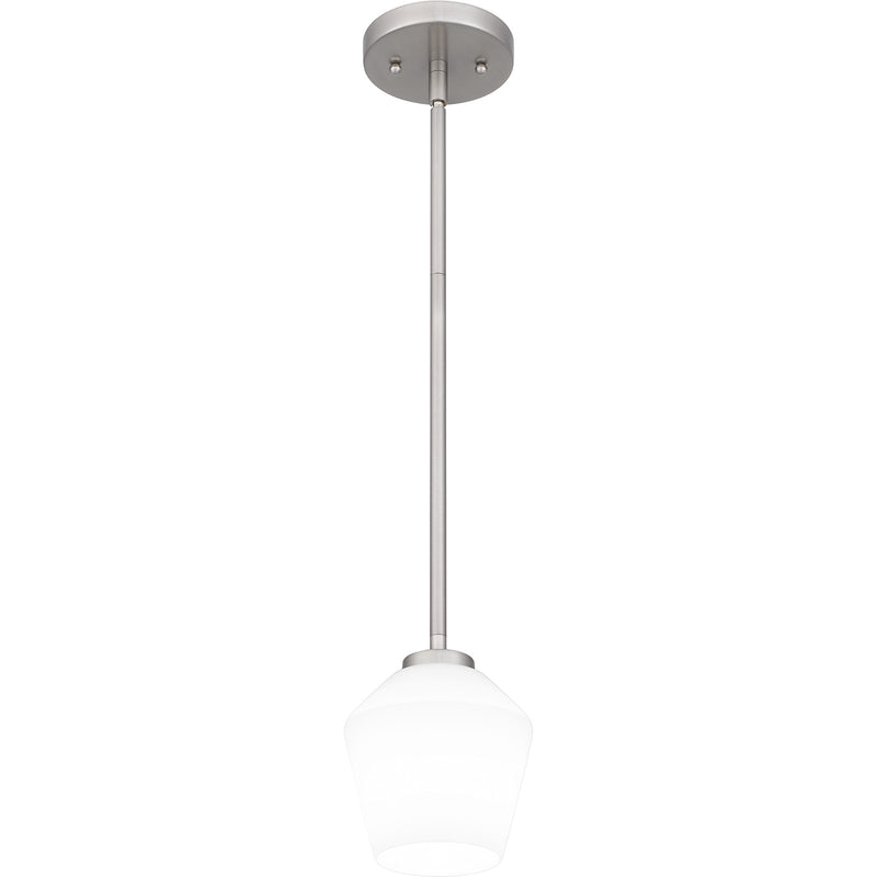 Quoizel Nielson 5in 1-Light Mini Pendant | Transitional Brushed Nickel and Opal Etched Glass | Kitchen Island & Dining Room | Model NIE1505BN