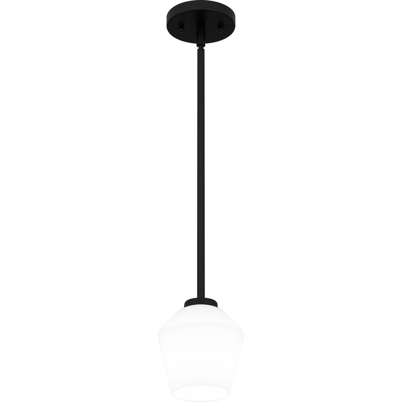 Quoizel Nielson 5in 1-Light Mini Pendant | Transitional Matte Black and Opal Etched Glass | Kitchen Island & Dining Room | Model NIE1505MBK