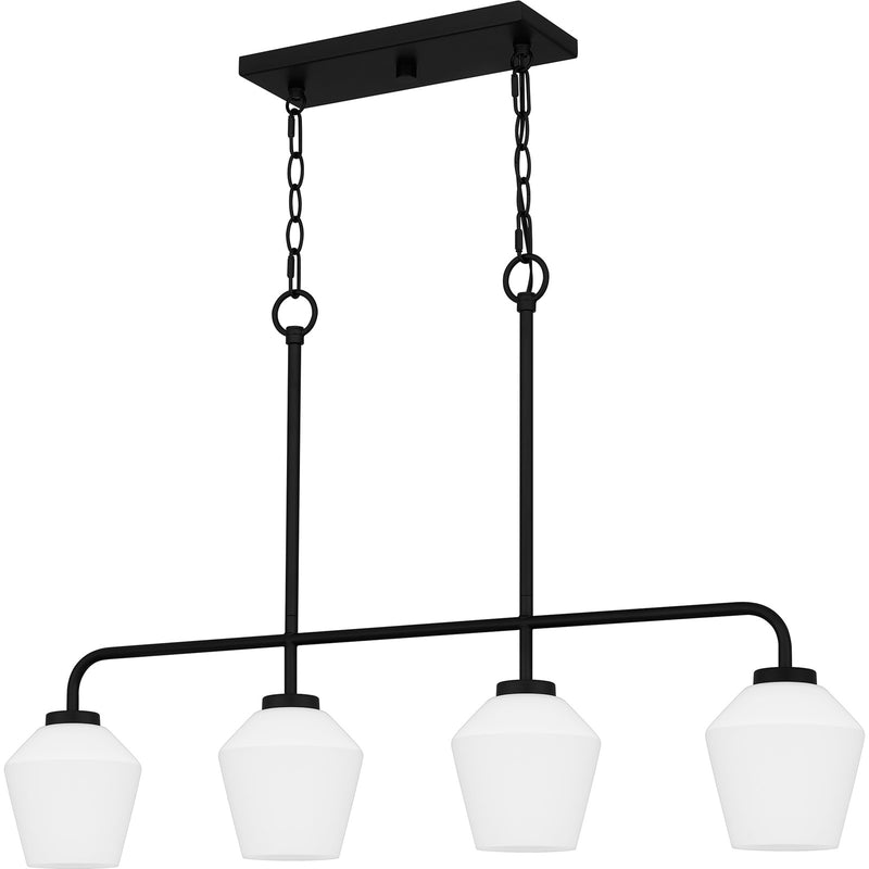 Quoizel Nielson 36in 4-Light Island Chandelier | Transitional Matte Black and Opal Etched Glass | Kitchen Island & Dining Room | Model NIE436MBK