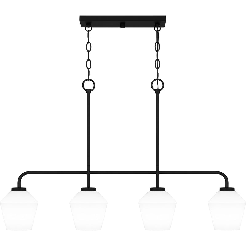 Quoizel Nielson 36in 4-Light Island Chandelier | Transitional Matte Black and Opal Etched Glass | Kitchen Island & Dining Room | Model NIE436MBK