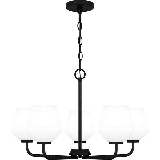 Quoizel Nielson 25in 5-Light Chandelier | Transitional Matte Black and Opal Etched Glass | Dining Room & Foyer | 25 x 25 x 15.5 in | Model NIE5025MBK
