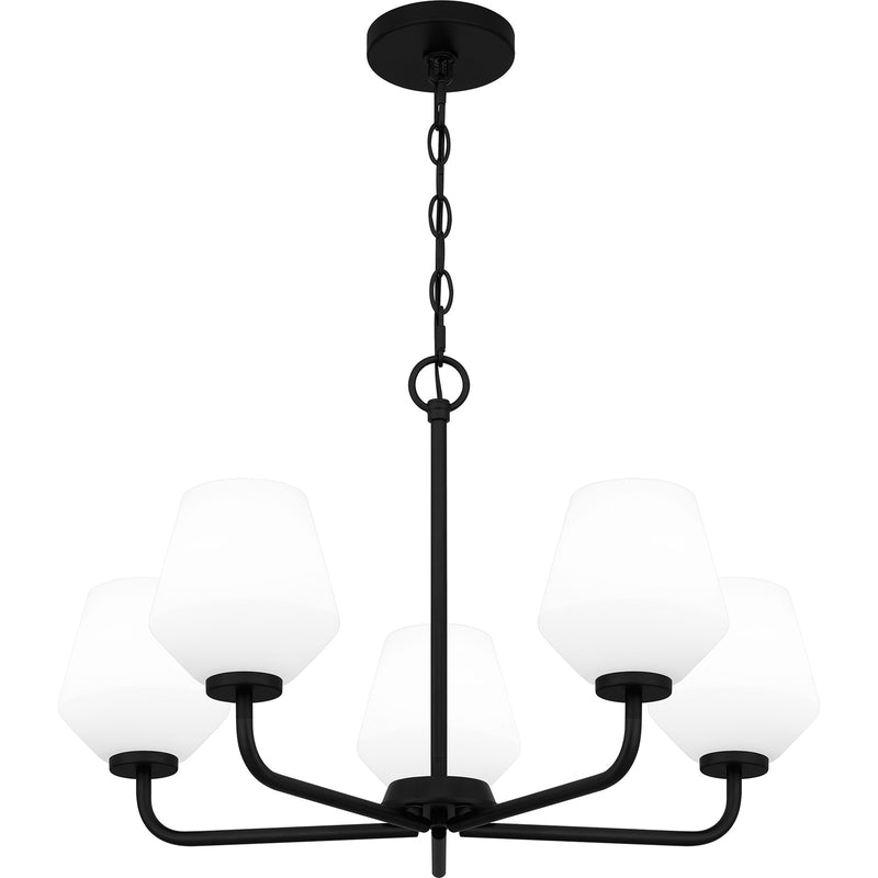 Quoizel Nielson 25in 5-Light Chandelier | Transitional Matte Black and Opal Etched Glass | Dining Room & Foyer | 25 x 25 x 15.5 in | Model NIE5025MBK