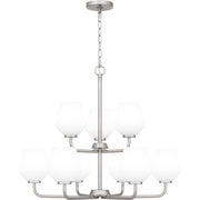 Quoizel Nielson 28in 9-Light Chandelier | Transitional Brushed Nickel and Opal Etched Glass | Dining Room & Foyer | Model NIE5028BN