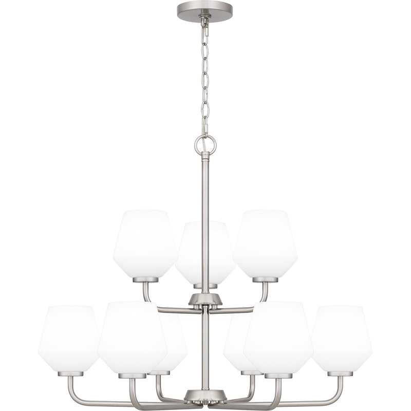 Quoizel Nielson 28in 9-Light Chandelier | Transitional Brushed Nickel and Opal Etched Glass | Dining Room & Foyer | Model NIE5028BN