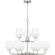 Quoizel Nielson 28in 9-Light Chandelier | Transitional Brushed Nickel and Opal Etched Glass | Dining Room & Foyer | Model NIE5028BN