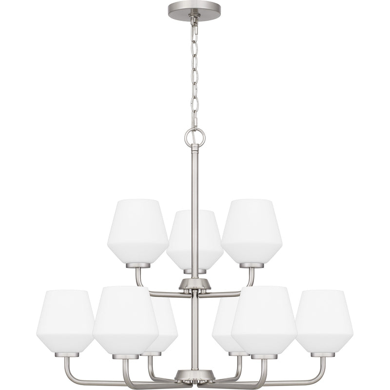 Quoizel Nielson 28in 9-Light Chandelier | Transitional Brushed Nickel and Opal Etched Glass | Dining Room & Foyer | Model NIE5028BN