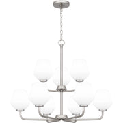 Quoizel Nielson 28in 9-Light Chandelier | Transitional Brushed Nickel and Opal Etched Glass | Dining Room & Foyer | Model NIE5028BN