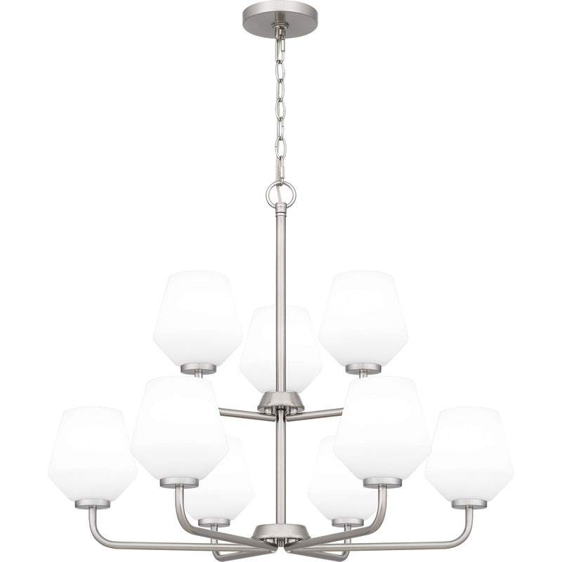 Quoizel Nielson 28in 9-Light Chandelier | Transitional Brushed Nickel and Opal Etched Glass | Dining Room & Foyer | Model NIE5028BN
