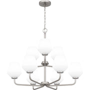 Quoizel Nielson 28in 9-Light Chandelier | Transitional Brushed Nickel and Opal Etched Glass | Dining Room & Foyer | Model NIE5028BN