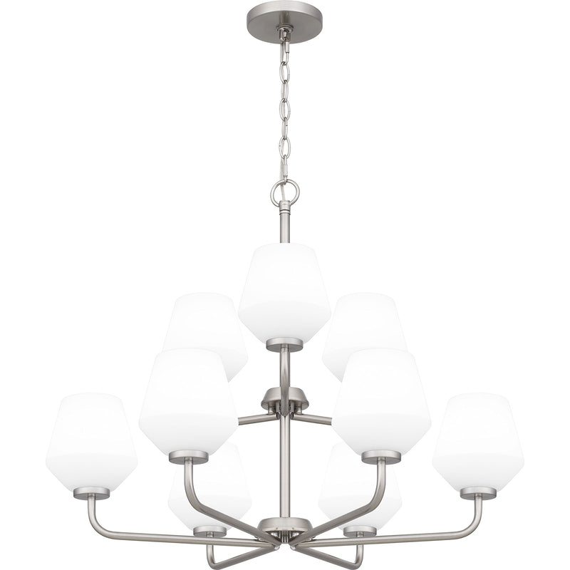 Quoizel Nielson 28in 9-Light Chandelier | Transitional Brushed Nickel and Opal Etched Glass | Dining Room & Foyer | Model NIE5028BN
