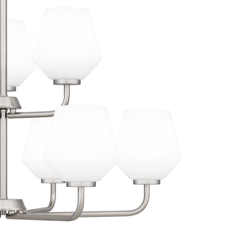 Quoizel Nielson 28in 9-Light Chandelier | Transitional Brushed Nickel and Opal Etched Glass | Dining Room & Foyer | Model NIE5028BN