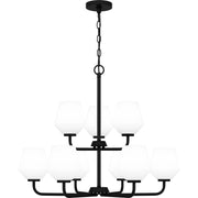 Quoizel Nielson 28in 9-Light Chandelier | Transitional Matte Black and Opal Etched Glass | Dining Room & Foyer | Model NIE5028MBK