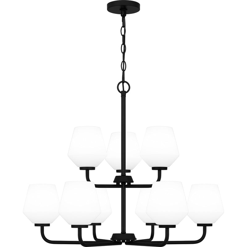 Quoizel Nielson 28in 9-Light Chandelier | Transitional Matte Black and Opal Etched Glass | Dining Room & Foyer | Model NIE5028MBK