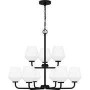 Quoizel Nielson 28in 9-Light Chandelier | Transitional Matte Black and Opal Etched Glass | Dining Room & Foyer | Model NIE5028MBK